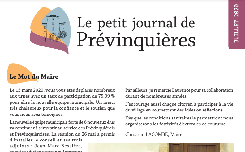 Une du Petit Journal de Prévinquières de juillet 2020